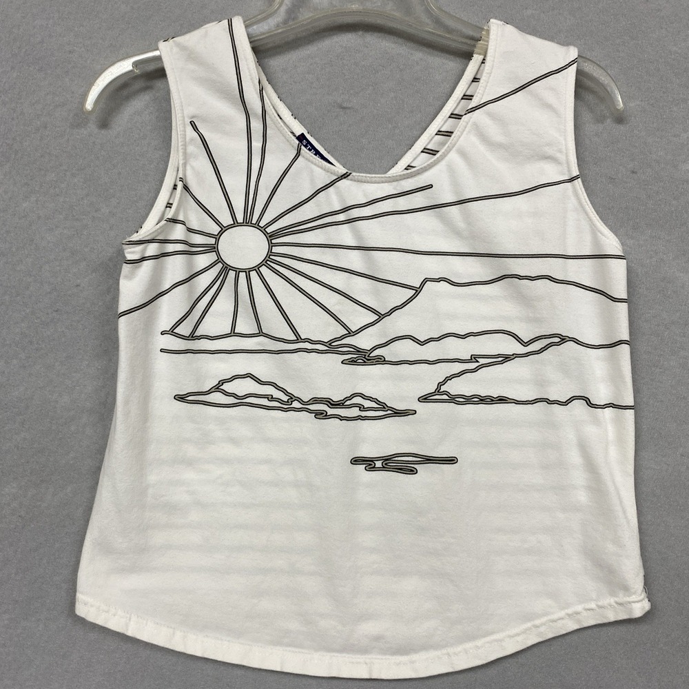 Catalina Women Small Tank Top White VTG 90s Sunshine Graphic Stripe Stretch